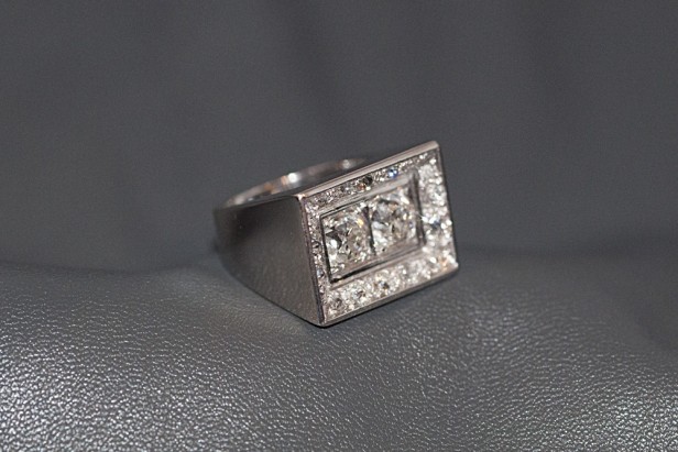 Art Deco Odeonesque Old Mine Cut Diamond Geometric Ring White Gold Signed 1940s